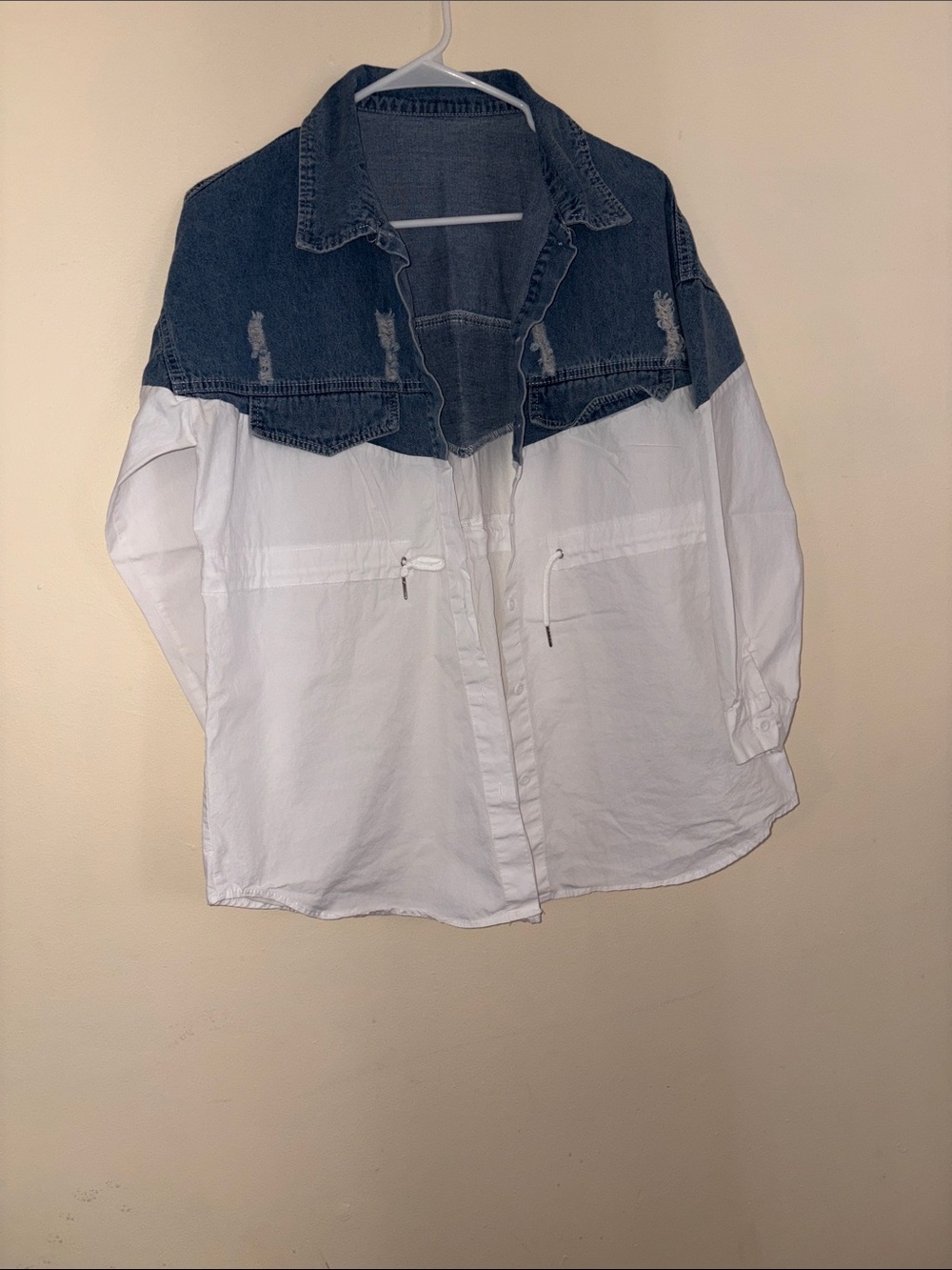 Denim-Trim White Colorblock Jacket - Picture 2 of 5